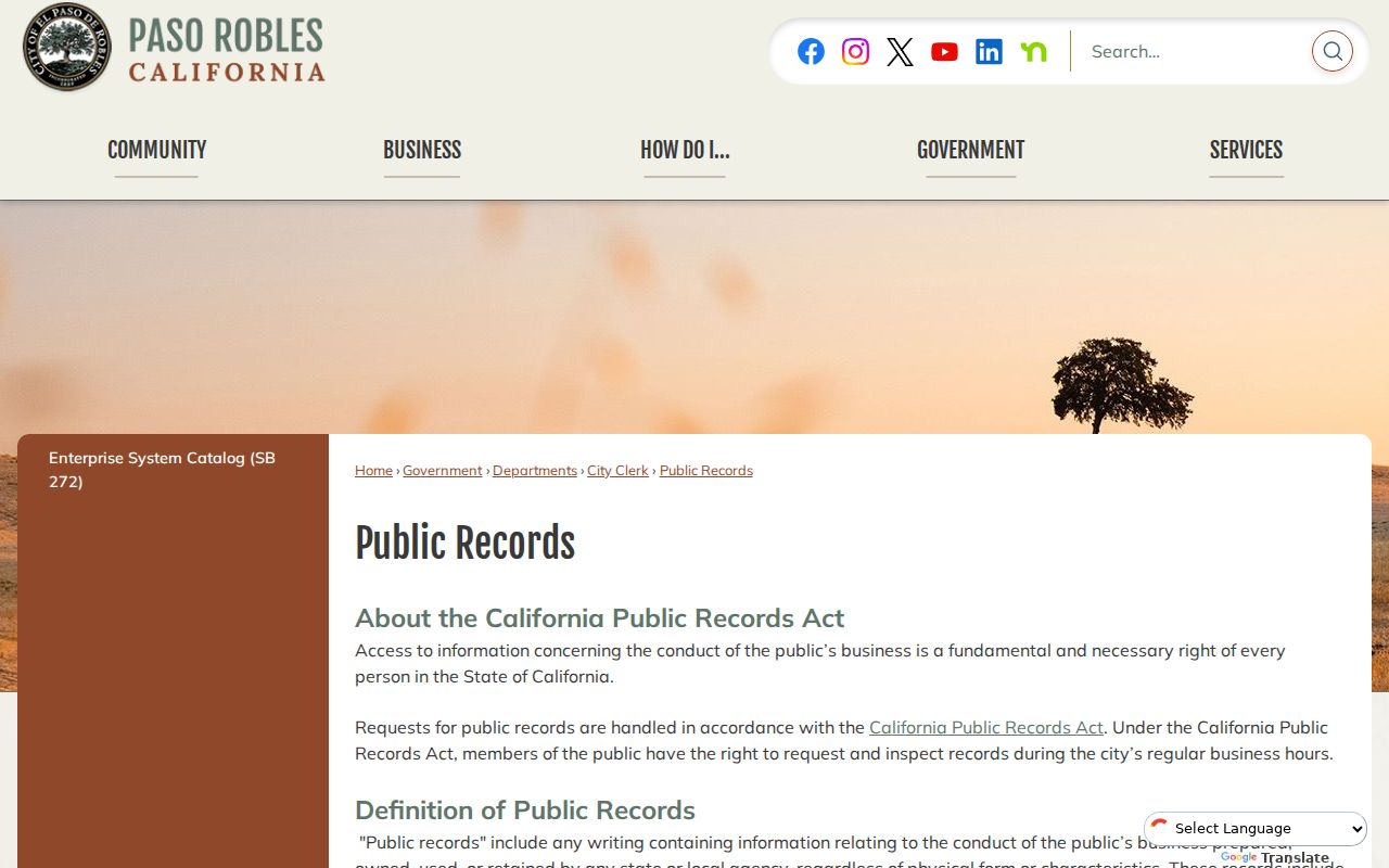 Paso Robles residents directory view of the City Clerk public-records procedure