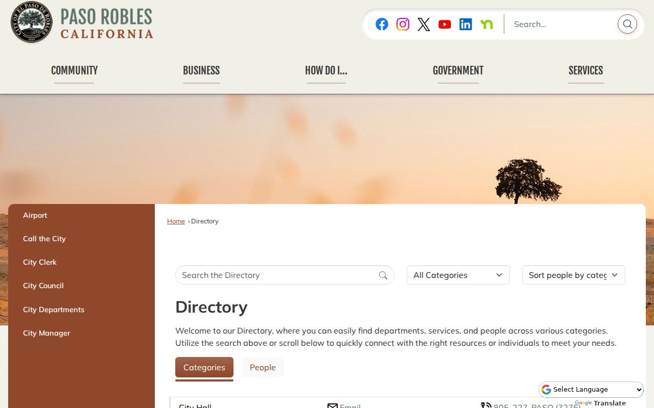 Paso Robles residents directory view of the city staff directory