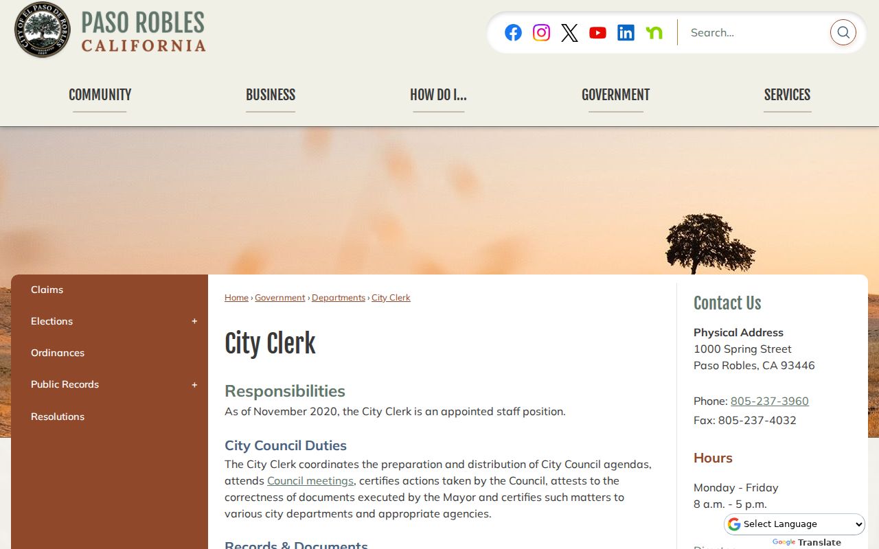 Paso Robles residents directory view of the Paso Robles City Clerk