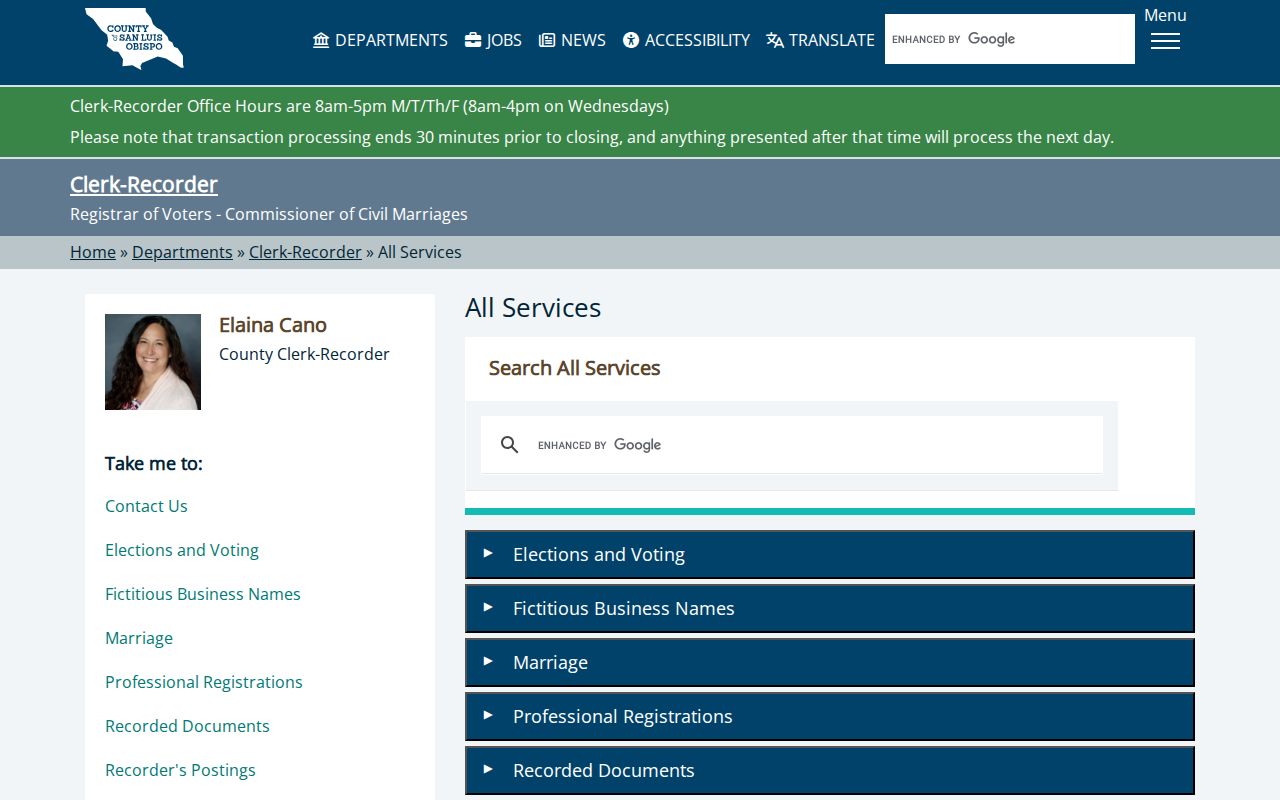 Paso Robles residents directory view of the San Luis Obispo County Clerk-Recorder services