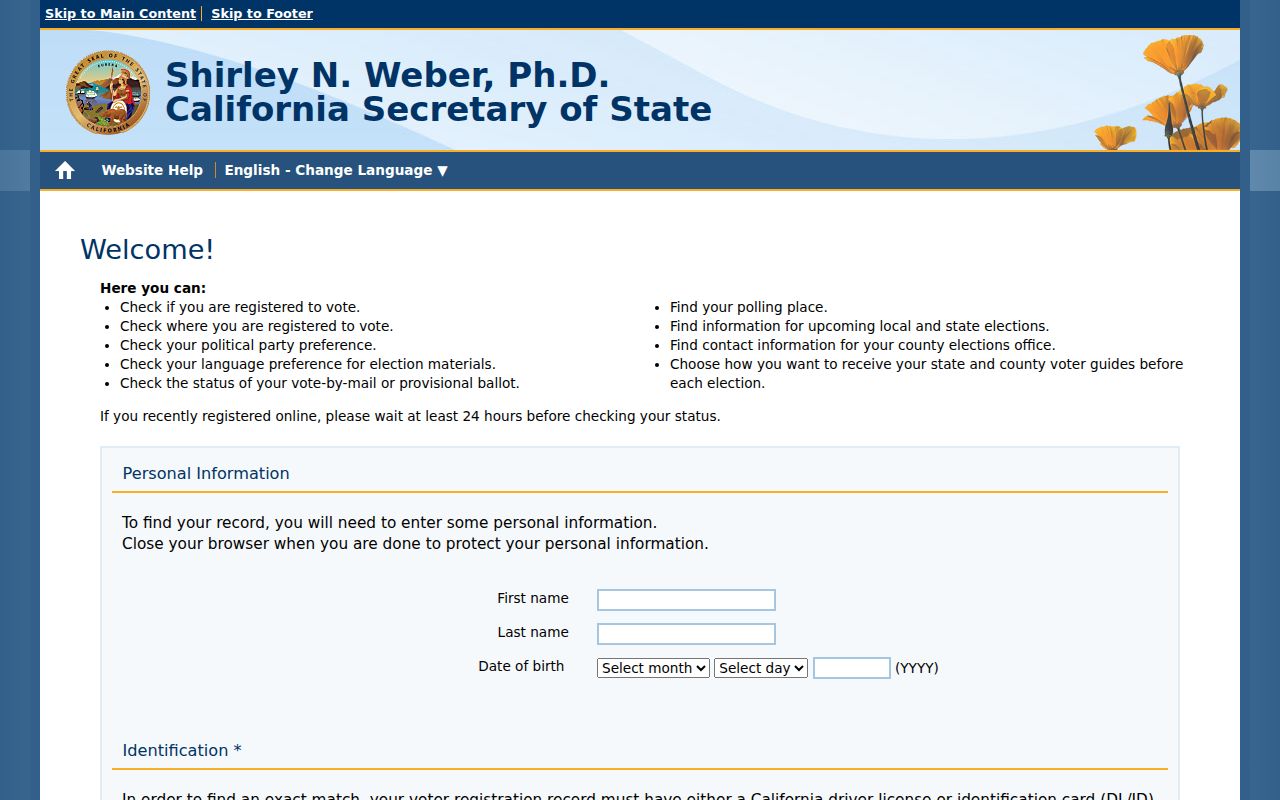 Paso Robles resident lookup view of California My Voter Status authentication